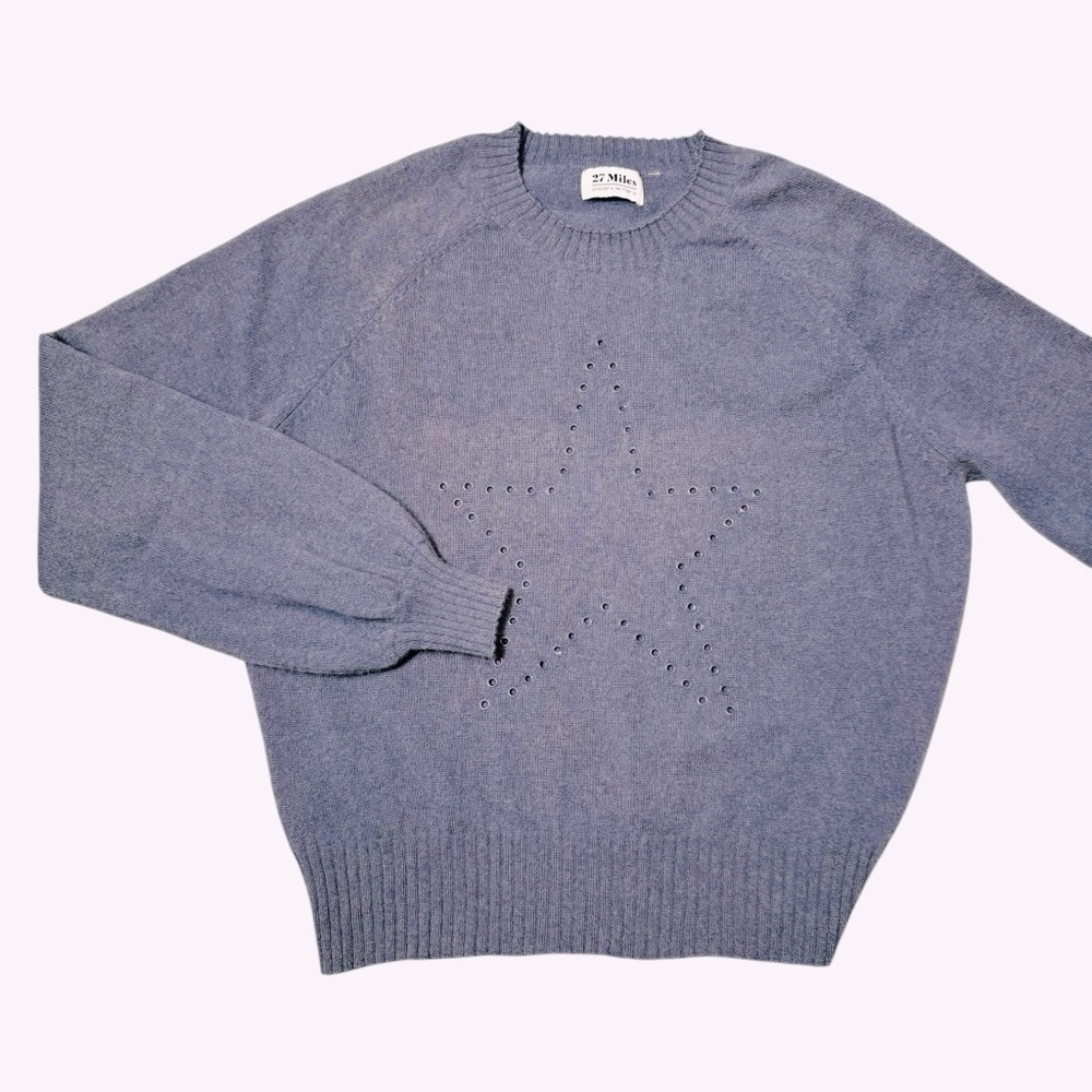 27 Miles Cashmere Puff Sleeve Star Front Grey Blue Sweater Size M - Picture 5 of 7